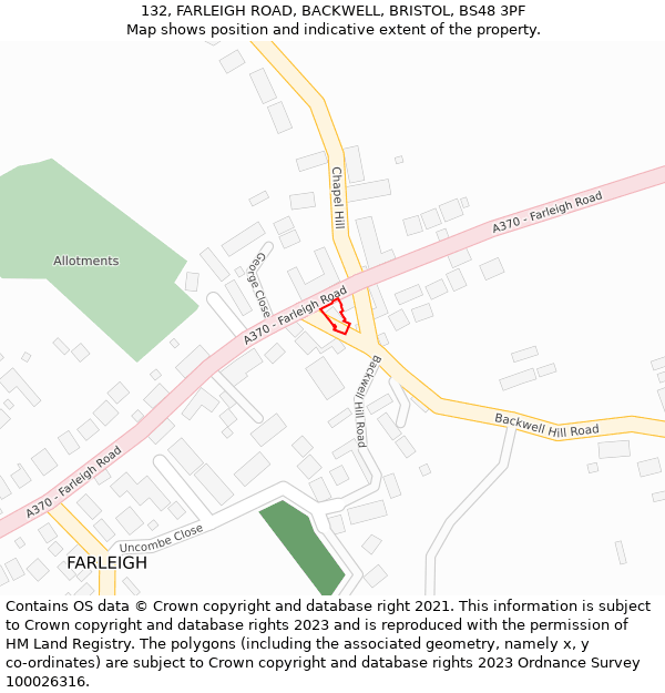 132, FARLEIGH ROAD, BACKWELL, BRISTOL, BS48 3PF: Location map and indicative extent of plot
