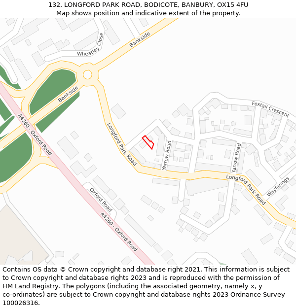132, LONGFORD PARK ROAD, BODICOTE, BANBURY, OX15 4FU: Location map and indicative extent of plot
