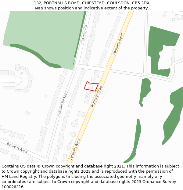 132, PORTNALLS ROAD, CHIPSTEAD, COULSDON, CR5 3DX: Location map and indicative extent of plot