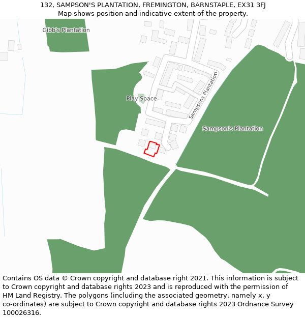 132, SAMPSON'S PLANTATION, FREMINGTON, BARNSTAPLE, EX31 3FJ: Location map and indicative extent of plot