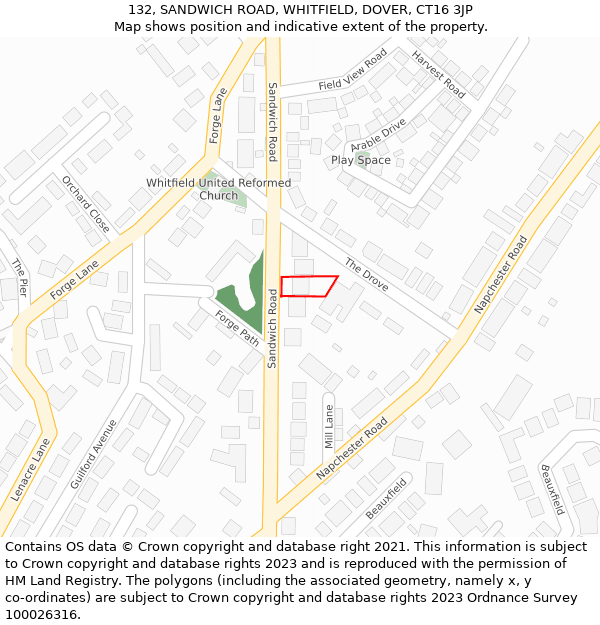 132, SANDWICH ROAD, WHITFIELD, DOVER, CT16 3JP: Location map and indicative extent of plot