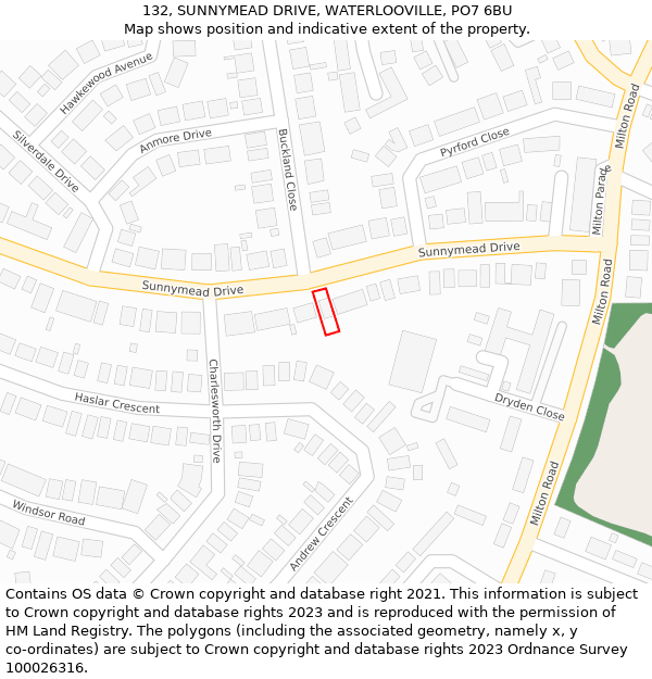 132, SUNNYMEAD DRIVE, WATERLOOVILLE, PO7 6BU: Location map and indicative extent of plot