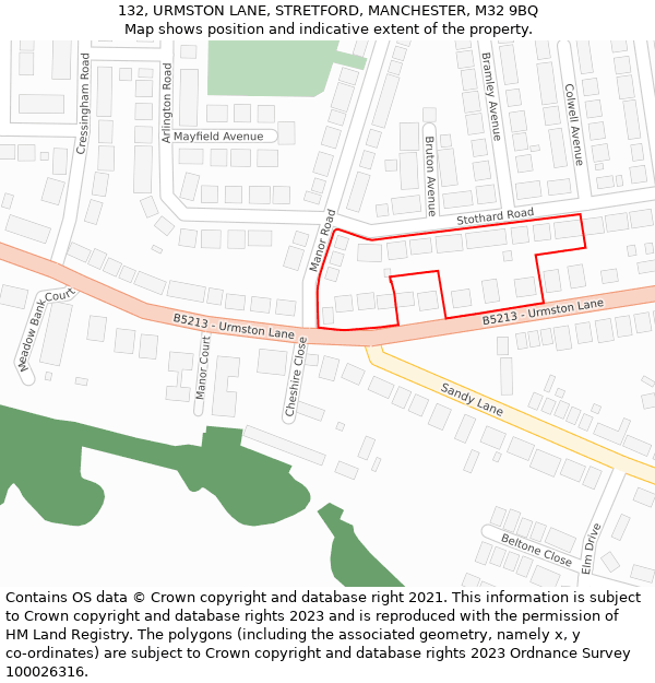 132, URMSTON LANE, STRETFORD, MANCHESTER, M32 9BQ: Location map and indicative extent of plot