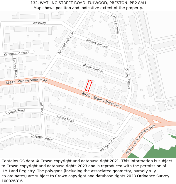132, WATLING STREET ROAD, FULWOOD, PRESTON, PR2 8AH: Location map and indicative extent of plot