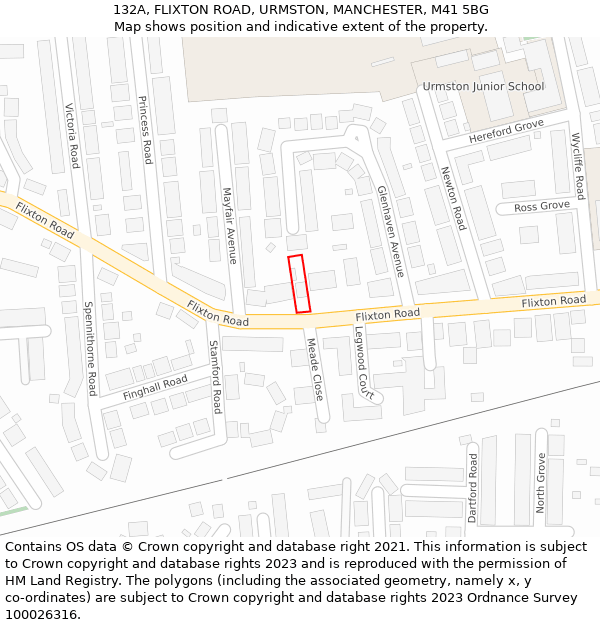 132A, FLIXTON ROAD, URMSTON, MANCHESTER, M41 5BG: Location map and indicative extent of plot