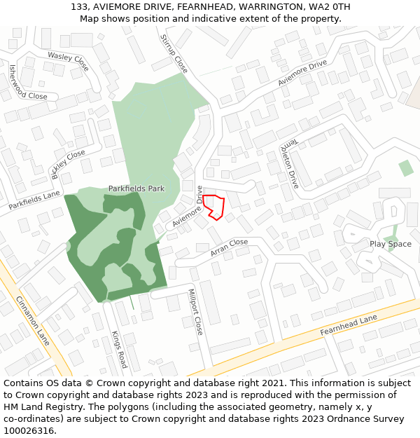 133, AVIEMORE DRIVE, FEARNHEAD, WARRINGTON, WA2 0TH: Location map and indicative extent of plot