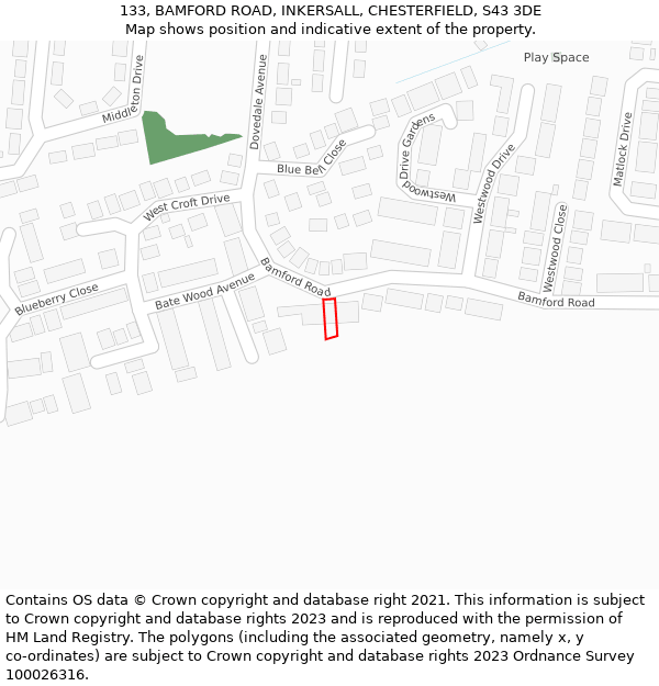 133, BAMFORD ROAD, INKERSALL, CHESTERFIELD, S43 3DE: Location map and indicative extent of plot
