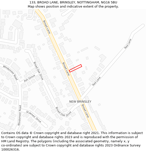 133, BROAD LANE, BRINSLEY, NOTTINGHAM, NG16 5BU: Location map and indicative extent of plot