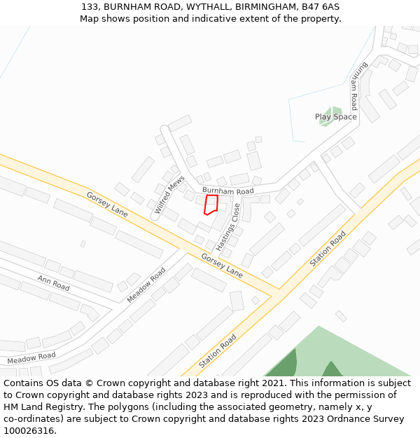 133, BURNHAM ROAD, WYTHALL, BIRMINGHAM, B47 6AS: Location map and indicative extent of plot