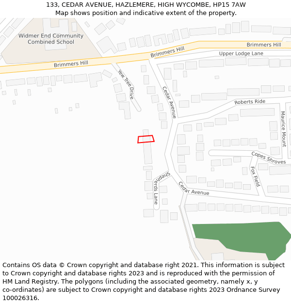 133, CEDAR AVENUE, HAZLEMERE, HIGH WYCOMBE, HP15 7AW: Location map and indicative extent of plot