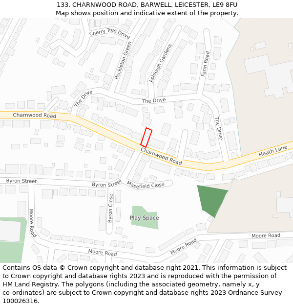 133, CHARNWOOD ROAD, BARWELL, LEICESTER, LE9 8FU: Location map and indicative extent of plot