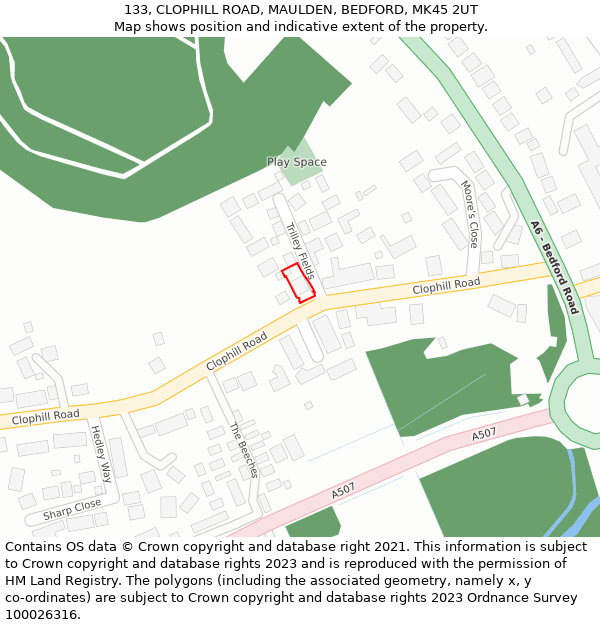 133, CLOPHILL ROAD, MAULDEN, BEDFORD, MK45 2UT: Location map and indicative extent of plot