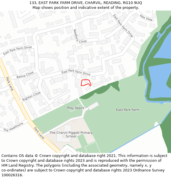 133, EAST PARK FARM DRIVE, CHARVIL, READING, RG10 9UQ: Location map and indicative extent of plot