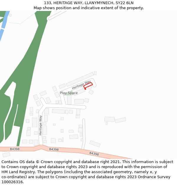 133, HERITAGE WAY, LLANYMYNECH, SY22 6LN: Location map and indicative extent of plot
