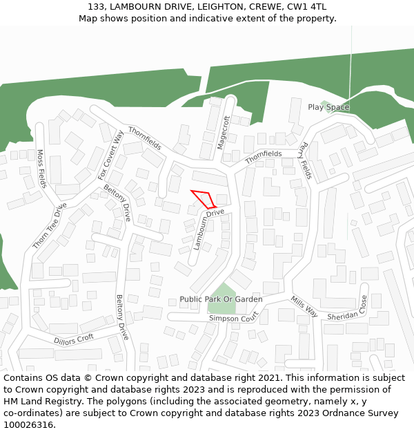 133, LAMBOURN DRIVE, LEIGHTON, CREWE, CW1 4TL: Location map and indicative extent of plot