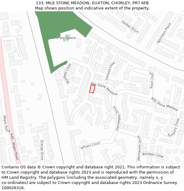 133, MILE STONE MEADOW, EUXTON, CHORLEY, PR7 6FB: Location map and indicative extent of plot