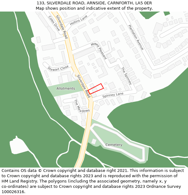 133, SILVERDALE ROAD, ARNSIDE, CARNFORTH, LA5 0ER: Location map and indicative extent of plot