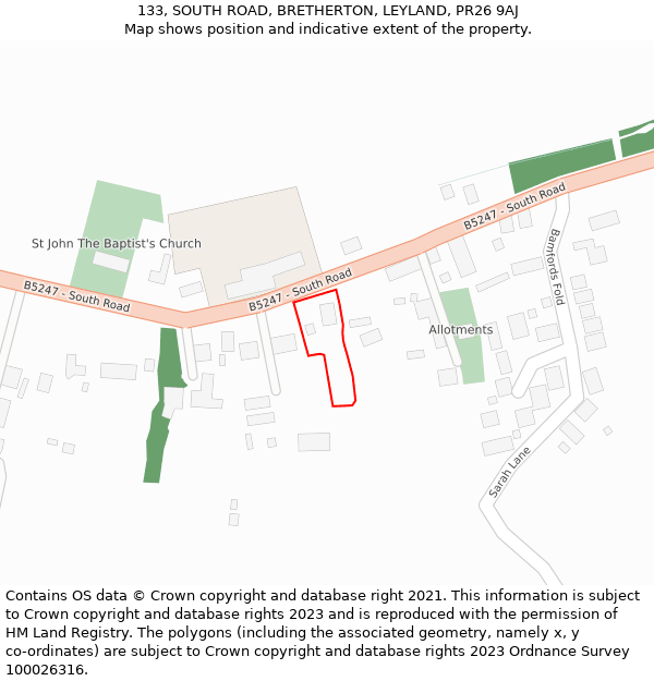 133, SOUTH ROAD, BRETHERTON, LEYLAND, PR26 9AJ: Location map and indicative extent of plot