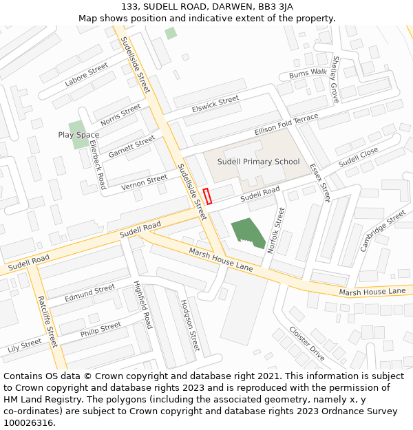 133, SUDELL ROAD, DARWEN, BB3 3JA: Location map and indicative extent of plot