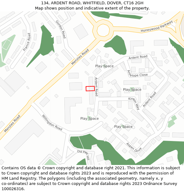 134, ARDENT ROAD, WHITFIELD, DOVER, CT16 2GH: Location map and indicative extent of plot