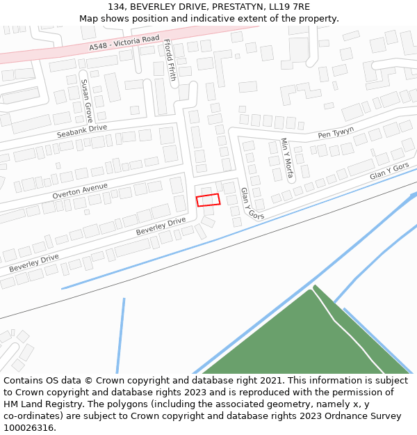 134, BEVERLEY DRIVE, PRESTATYN, LL19 7RE: Location map and indicative extent of plot