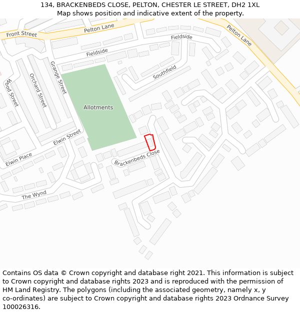 134, BRACKENBEDS CLOSE, PELTON, CHESTER LE STREET, DH2 1XL: Location map and indicative extent of plot