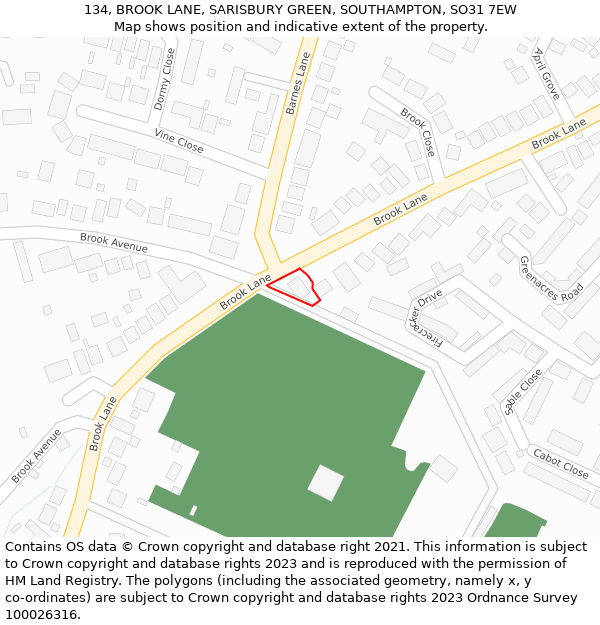 134, BROOK LANE, SARISBURY GREEN, SOUTHAMPTON, SO31 7EW: Location map and indicative extent of plot