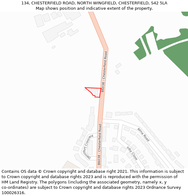 134, CHESTERFIELD ROAD, NORTH WINGFIELD, CHESTERFIELD, S42 5LA: Location map and indicative extent of plot