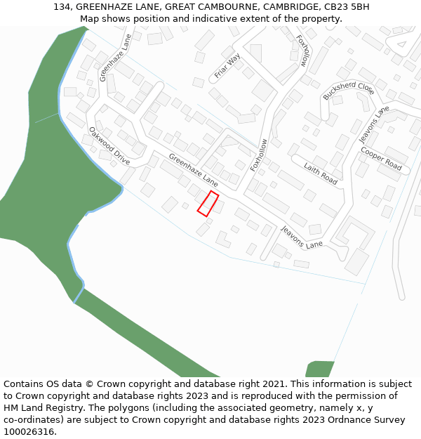 134, GREENHAZE LANE, GREAT CAMBOURNE, CAMBRIDGE, CB23 5BH: Location map and indicative extent of plot