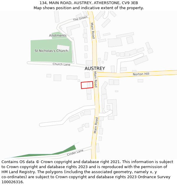 134, MAIN ROAD, AUSTREY, ATHERSTONE, CV9 3EB: Location map and indicative extent of plot