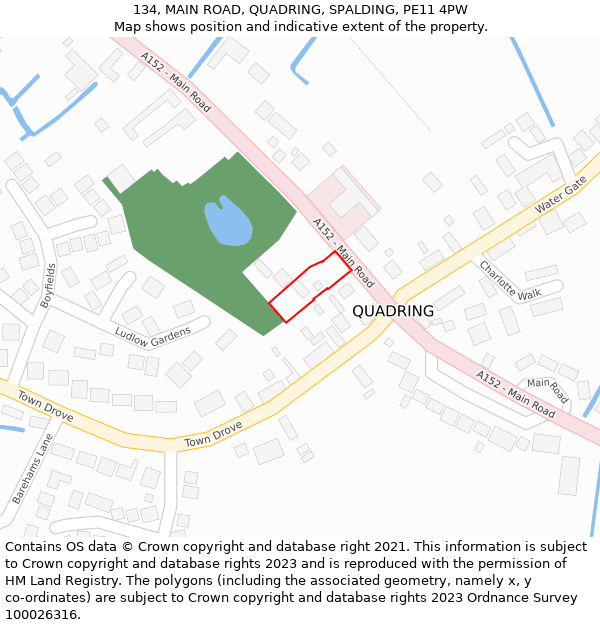 134, MAIN ROAD, QUADRING, SPALDING, PE11 4PW: Location map and indicative extent of plot