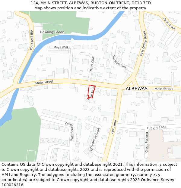 134, MAIN STREET, ALREWAS, BURTON-ON-TRENT, DE13 7ED: Location map and indicative extent of plot