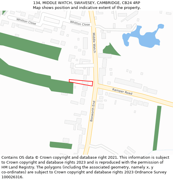 134, MIDDLE WATCH, SWAVESEY, CAMBRIDGE, CB24 4RP: Location map and indicative extent of plot