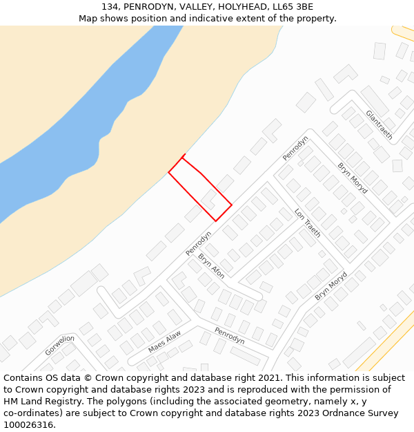 134, PENRODYN, VALLEY, HOLYHEAD, LL65 3BE: Location map and indicative extent of plot