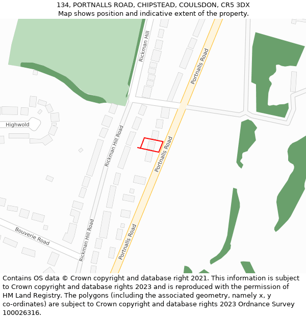 134, PORTNALLS ROAD, CHIPSTEAD, COULSDON, CR5 3DX: Location map and indicative extent of plot