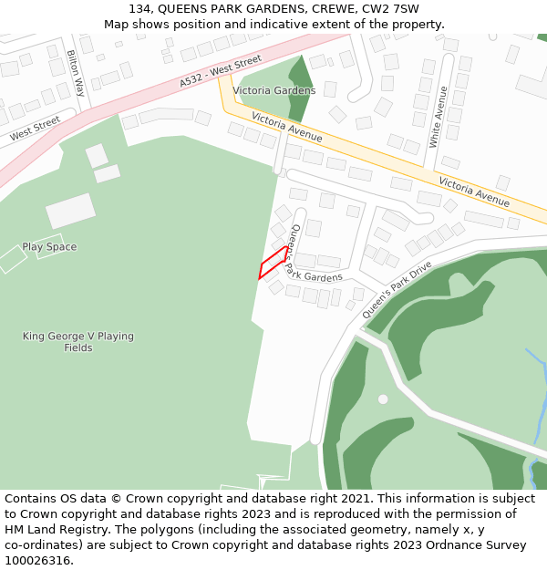 134, QUEENS PARK GARDENS, CREWE, CW2 7SW: Location map and indicative extent of plot