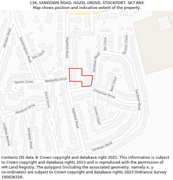 134, SANDOWN ROAD, HAZEL GROVE, STOCKPORT, SK7 6NX: Location map and indicative extent of plot