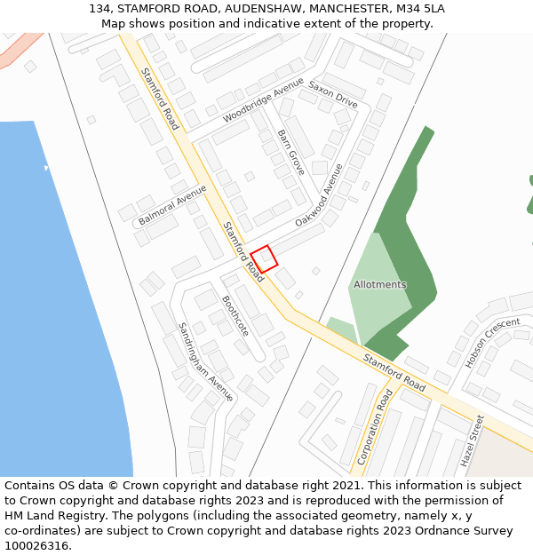 134, STAMFORD ROAD, AUDENSHAW, MANCHESTER, M34 5LA: Location map and indicative extent of plot