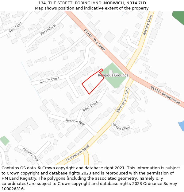 134, THE STREET, PORINGLAND, NORWICH, NR14 7LD: Location map and indicative extent of plot