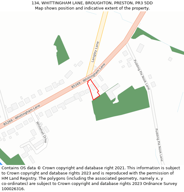 134, WHITTINGHAM LANE, BROUGHTON, PRESTON, PR3 5DD: Location map and indicative extent of plot