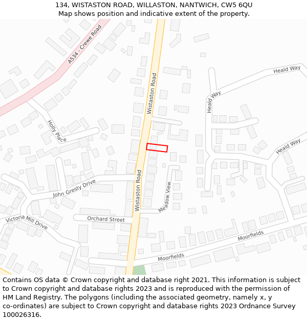 134, WISTASTON ROAD, WILLASTON, NANTWICH, CW5 6QU: Location map and indicative extent of plot