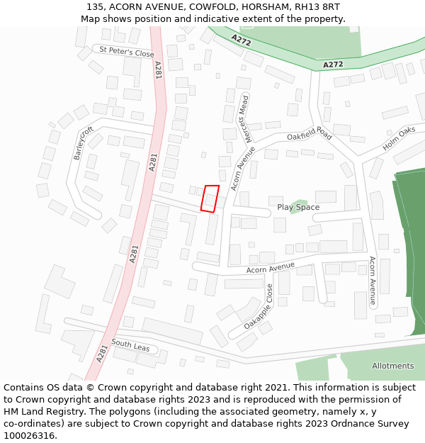 135, ACORN AVENUE, COWFOLD, HORSHAM, RH13 8RT: Location map and indicative extent of plot