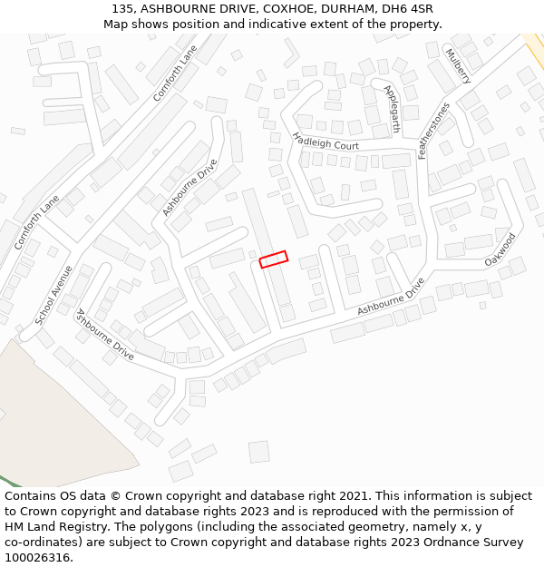 135, ASHBOURNE DRIVE, COXHOE, DURHAM, DH6 4SR: Location map and indicative extent of plot