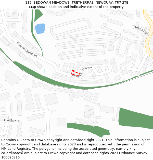 135, BEDOWAN MEADOWS, TRETHERRAS, NEWQUAY, TR7 2TB: Location map and indicative extent of plot