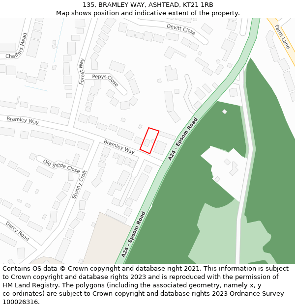 135, BRAMLEY WAY, ASHTEAD, KT21 1RB: Location map and indicative extent of plot