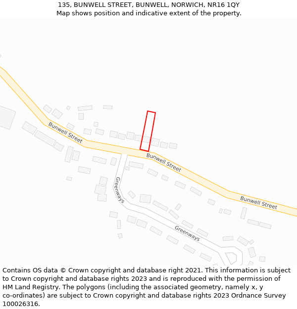 135, BUNWELL STREET, BUNWELL, NORWICH, NR16 1QY: Location map and indicative extent of plot