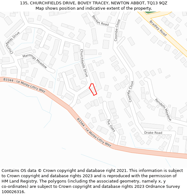 135, CHURCHFIELDS DRIVE, BOVEY TRACEY, NEWTON ABBOT, TQ13 9QZ: Location map and indicative extent of plot