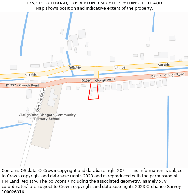 135, CLOUGH ROAD, GOSBERTON RISEGATE, SPALDING, PE11 4QD: Location map and indicative extent of plot
