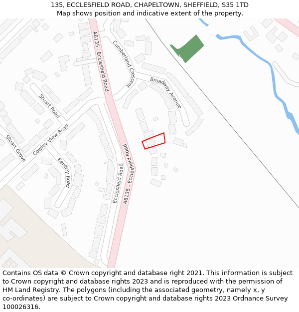 135, ECCLESFIELD ROAD, CHAPELTOWN, SHEFFIELD, S35 1TD: Location map and indicative extent of plot