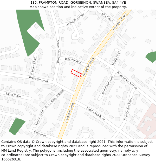 135, FRAMPTON ROAD, GORSEINON, SWANSEA, SA4 4YE: Location map and indicative extent of plot